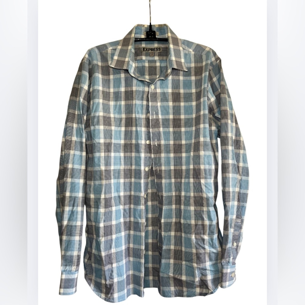 Express Men's Casual Blue and White Plaid Shirt